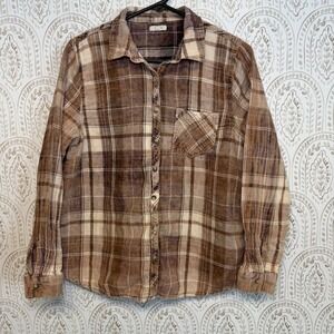 Maurices Womens Brown Plaid Flannel Button Down Shirt Cotton Size L